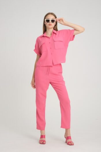 Keten Cep Detay Pembe Gömlek Pantolon Takım