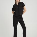 Keten Cep Detay Siyah Gömlek Pantolon Takım