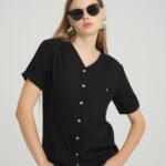 V Yaka Siyah Keten Bluz Gömlek