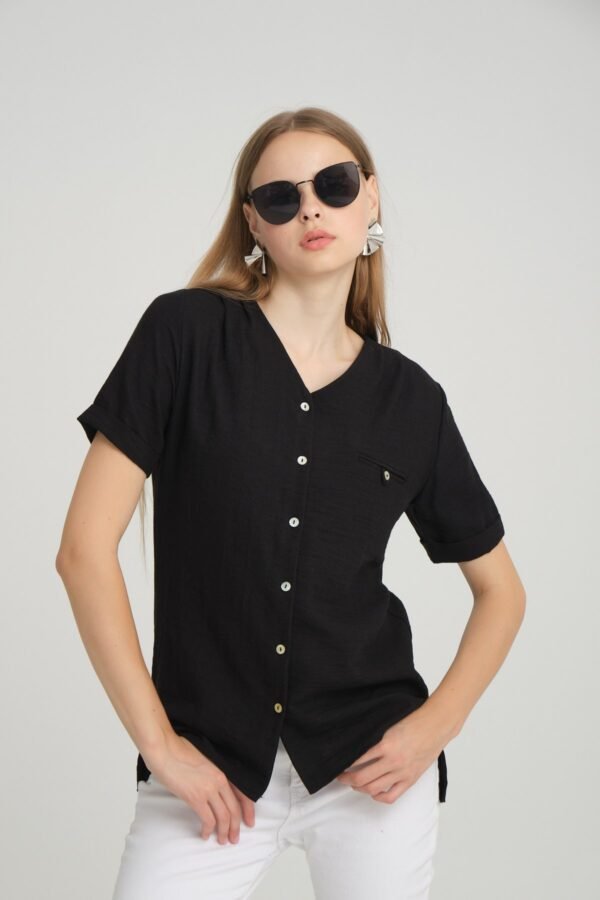 V Yaka Beyaz Keten Bluz Gömlek - Görsel 3