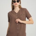 V Yaka Kahverengi Keten Bluz Gömlek