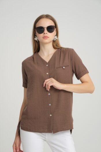 V Yaka Kahverengi Keten Bluz Gömlek