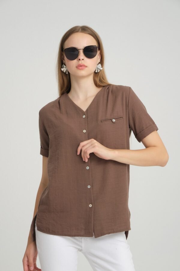 V Yaka Siyah Keten Bluz Gömlek - Görsel 2