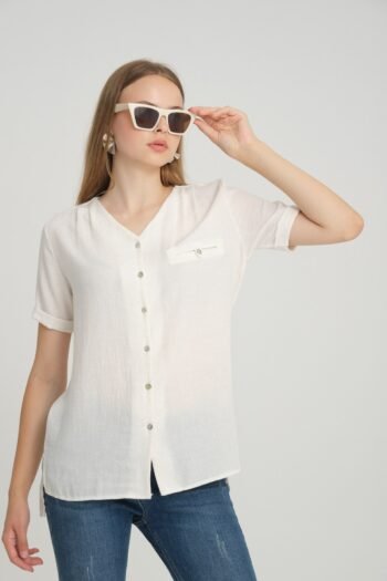 V Yaka Beyaz Keten Bluz Gömlek
