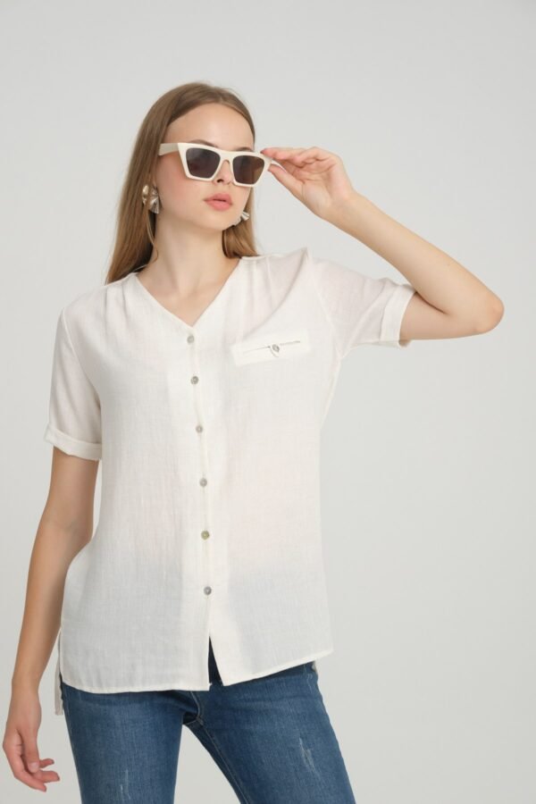 V Yaka Siyah Keten Bluz Gömlek - Görsel 3