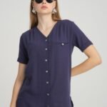 V Yaka Lacivert Keten Bluz Gömlek