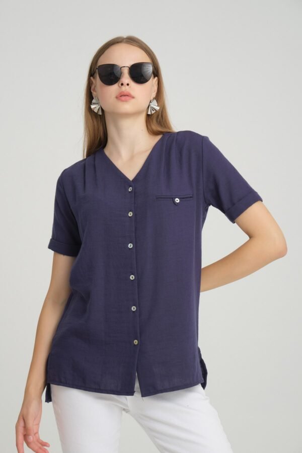 V Yaka Siyah Keten Bluz Gömlek - Görsel 4