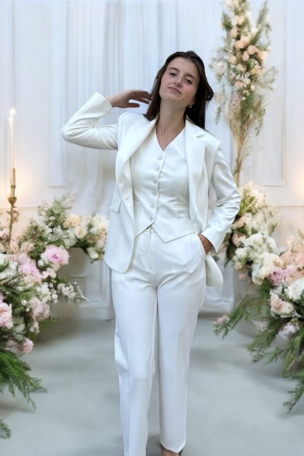 Beyaz Double İtalyan Blazer Ceket Yelek ve Pantolon Takım - Görsel 4