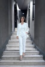 Beyaz Double İtalyan Blazer Ceket Yelek ve Pantolon Takım