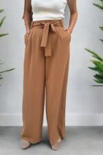 Double İtalyan Kuşaklı Bol Paça Kahverengi Pantolon - Görsel 2