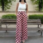 Sandy Baskılı Kuşaklı Bol Paça Desenli Pantolon