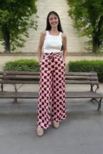 Sandy Baskılı Kuşaklı Bol Paça Desenli Pantolon