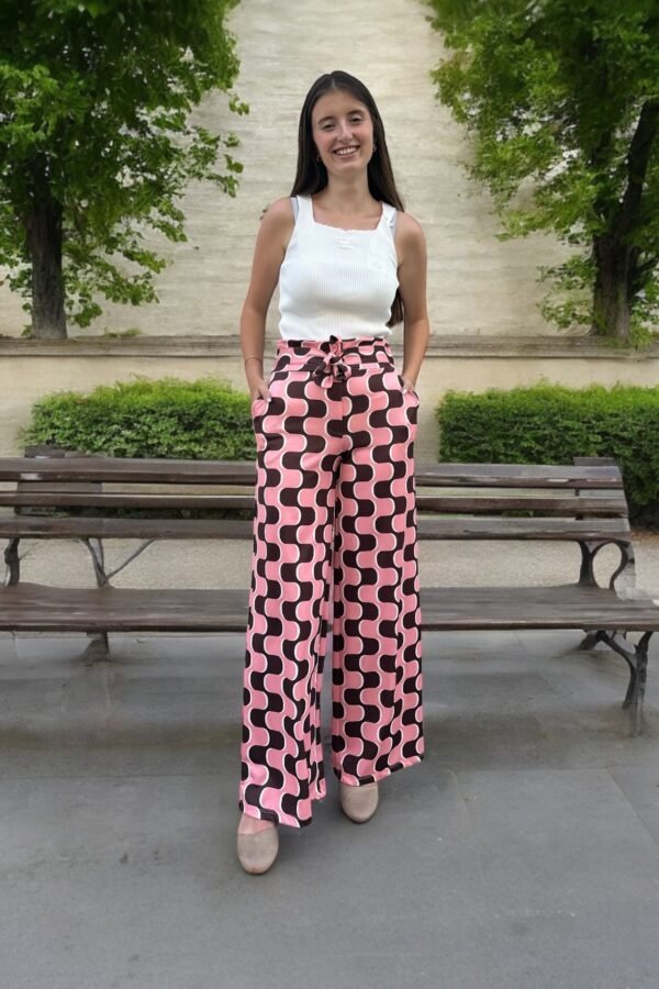 Sandy Baskılı Kuşaklı Bol Paça Puantiyeli Pantolon - Görsel 3