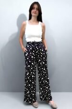 Sandy Baskılı Kuşaklı Bol Paça Puantiyeli Pantolon - Görsel 2