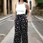 Sandy Baskılı Kuşaklı Bol Paça Puantiyeli Pantolon