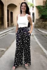 Sandy Baskılı Kuşaklı Bol Paça Desenli Pantolon - Görsel 3