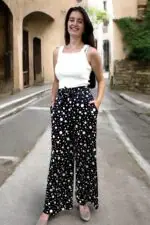 Sandy Baskılı Kuşaklı Bol Paça Puantiyeli Pantolon