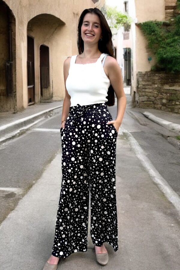 Sandy Baskılı Kuşaklı Bol Paça Desenli Pantolon - Görsel 3