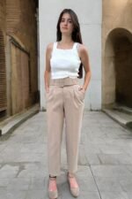 Double İtalyan Kemer Detaylı Taş Rengi Pantolon - Görsel 2