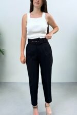 Double İtalyan Kemer Detaylı Siyah Pantolon