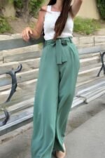 Double İtalyan Kuşaklı Bol Paça Mint Yeşili Pantolon - Görsel 3