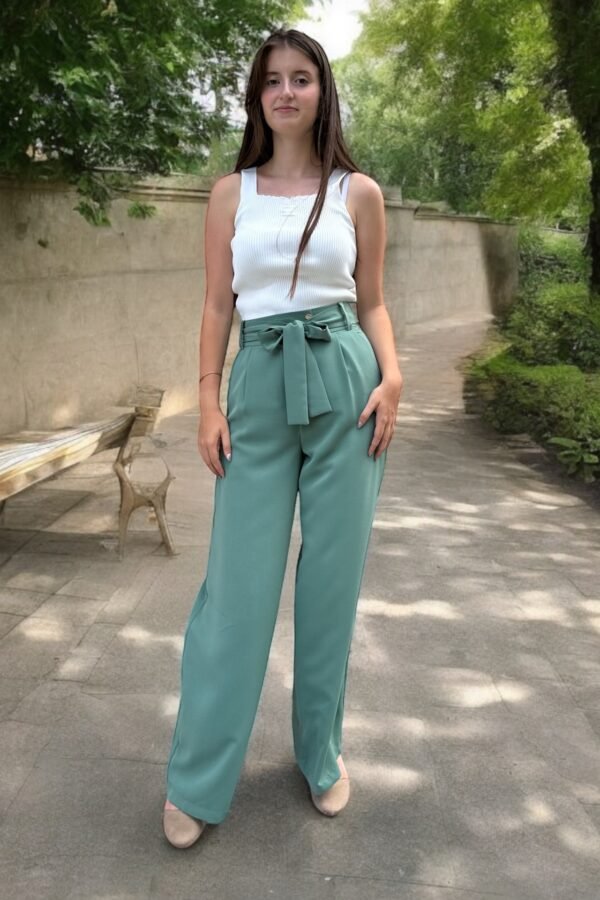 Double İtalyan Kuşaklı Bol Paça Mint Yeşili Pantolon - Görsel 2