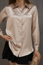 Bej Düğmeli Saten Gömlek - Görsel 2