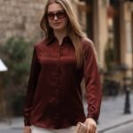 Kahverengi Düğmeli Saten Gömlek