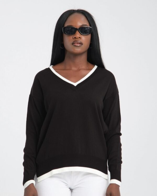 Yeşil Şeritli V Yaka Yan Yırtmaç Detay Bluz Kazak - Görsel 4