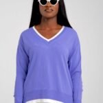 Mor Şeritli V Yaka Yan Yırtmaç Detay Bluz Kazak