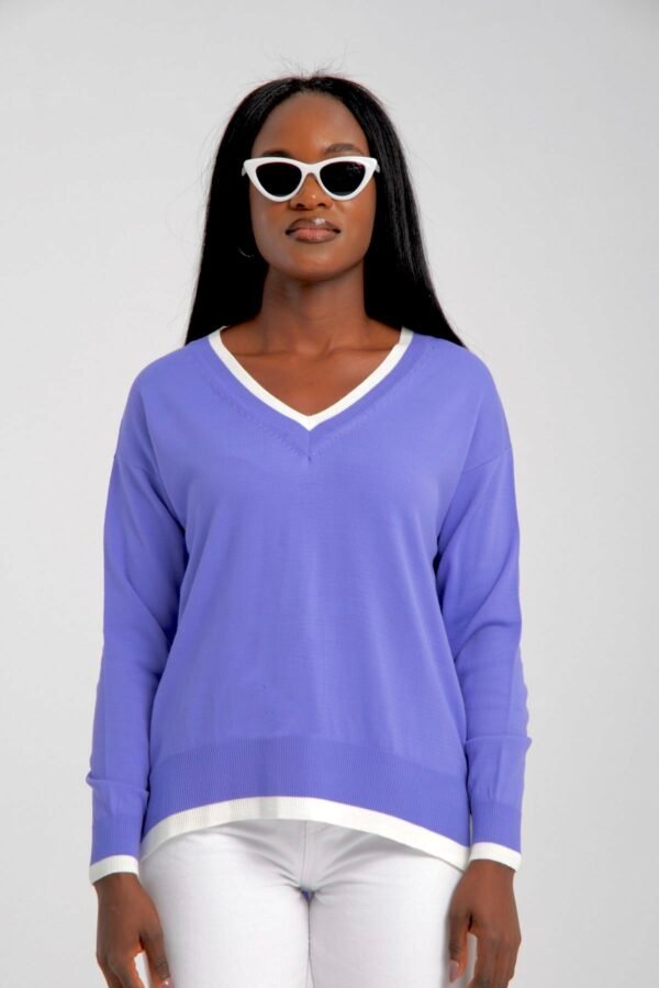 Yeşil Şeritli V Yaka Yan Yırtmaç Detay Bluz Kazak - Görsel 2