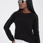 Siyah Kol Delik Detay Taş İşlemeli Bluz Kazak