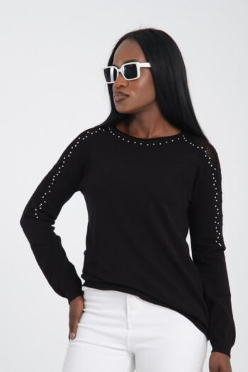 Siyah Kol Delik Detay Taş İşlemeli Bluz Kazak