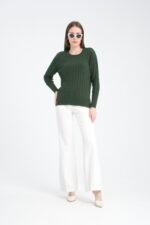 Haki Bisiklet Yaka Desenli Triko Kazak