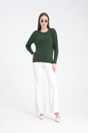 Haki Bisiklet Yaka Desenli Triko Kazak