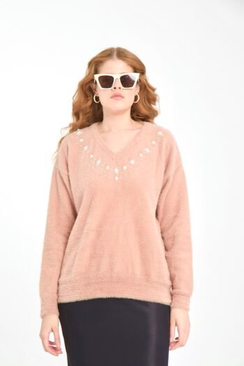 Pudra V Yaka İşleme Detay Yumoş Kazak