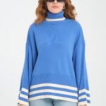 Mavi Boğazlı Şerit Detay Triko Kazak