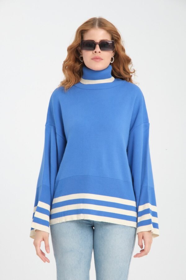 Pembe Boğazlı Şerit Detay Triko Kazak - Görsel 2