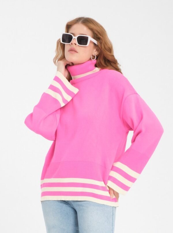 Mavi Boğazlı Şerit Detay Triko Kazak - Görsel 2