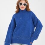 Lacivert İnci İşlemeli Dik Yaka Kazak