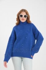 Krem İnci İşlemeli Dik Yaka Kazak - Görsel 3