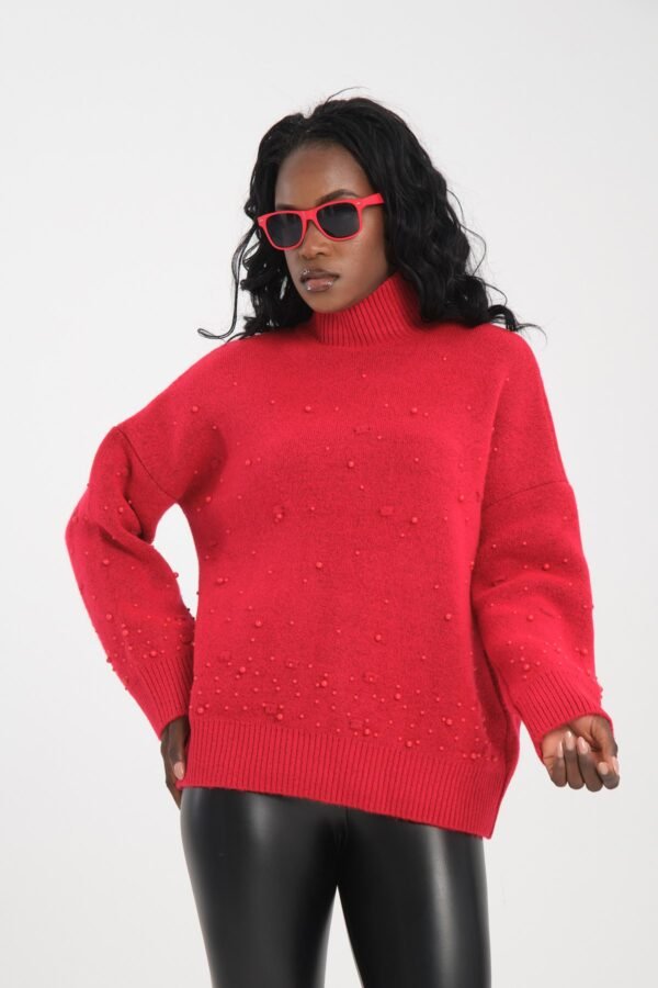 Krem İnci İşlemeli Dik Yaka Kazak - Görsel 2