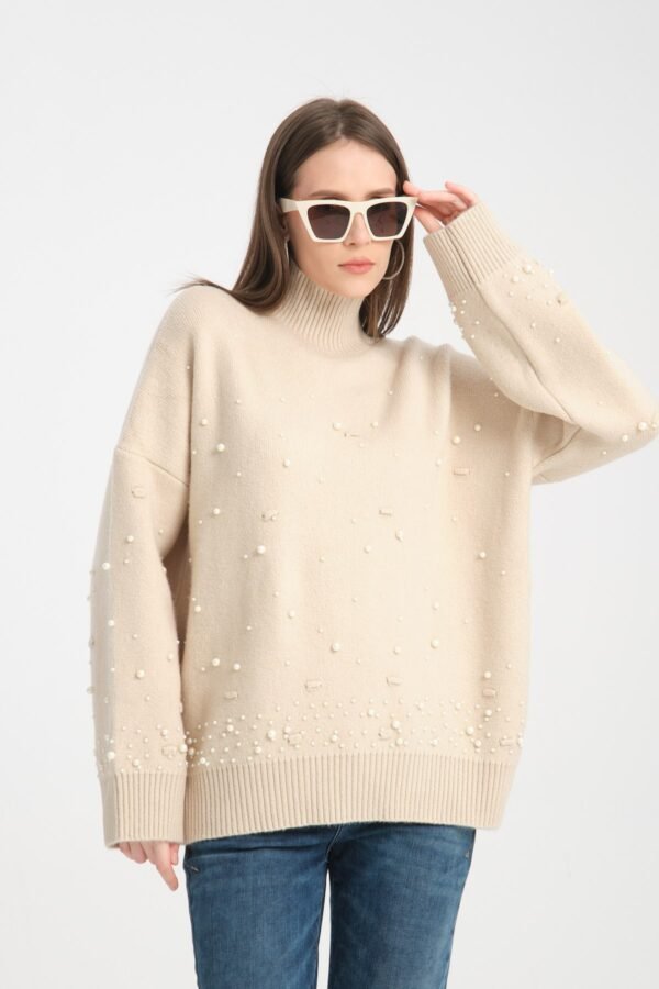 Lacivert İnci İşlemeli Dik Yaka Kazak - Görsel 2