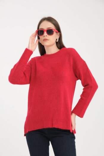 Kırmızı Yırtmaç Detaylı Triko Kazak