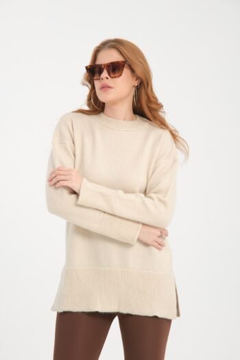 Taş Rengi Yırtmaç Detaylı Triko Kazak