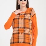 Turuncu Yırtmaç Detaylı Desenli Triko Kazak