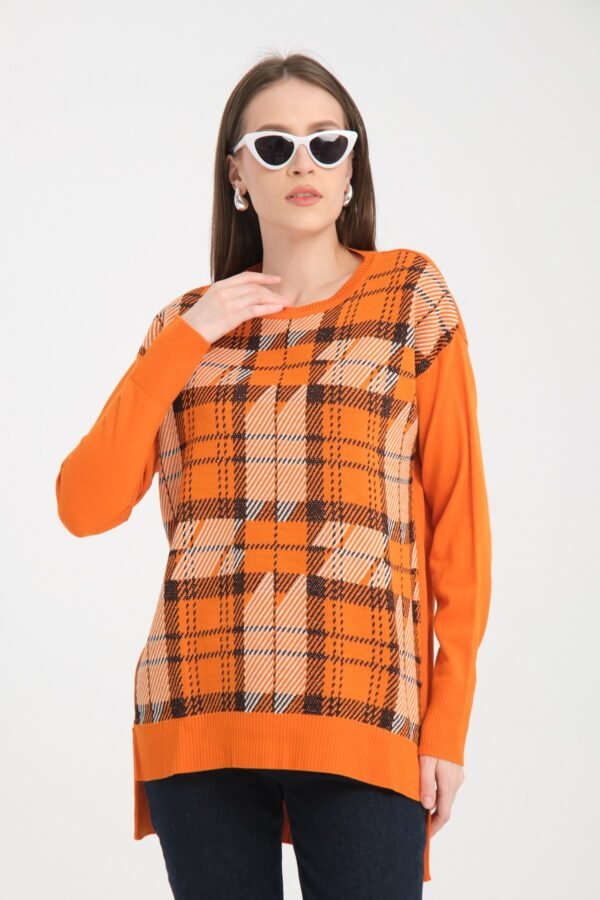 Siyah Yırtmaç Detaylı Desenli Triko Kazak - Görsel 3