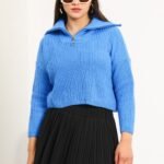 Mavi Fermuarlı Dik Yaka Triko Crop Kazak