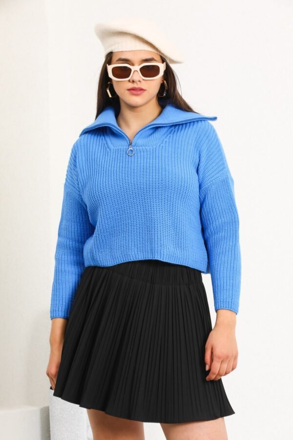 Siyah Fermuarlı Dik Yaka Triko Crop Kazak - Görsel 3