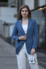 Mavi Kadife Fitilli Blazer Ceket